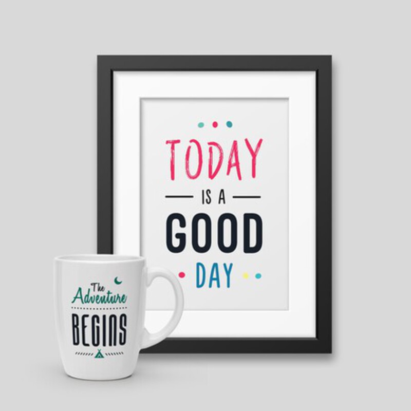 Set aus Tasse und gerahmtem Poster